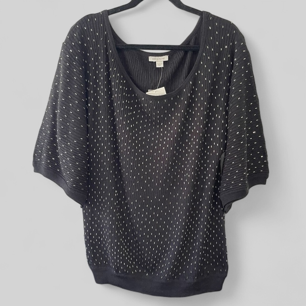 Boston Proper Womens Short Sleeve Beaded Sweater Size Medium Black Pullover